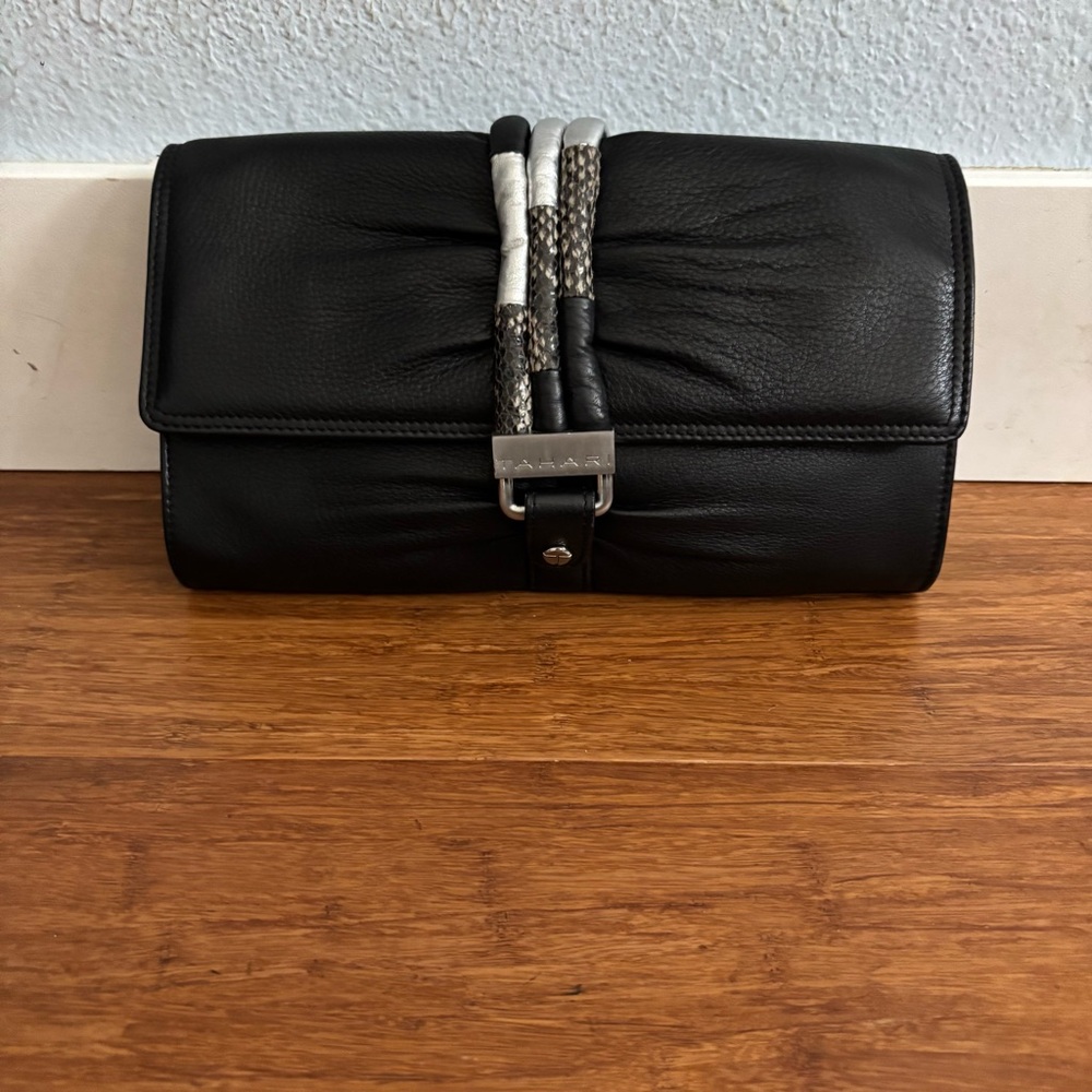 Tahari Black Leather Ruched Clutch Silver Chain Shoulder Bag
